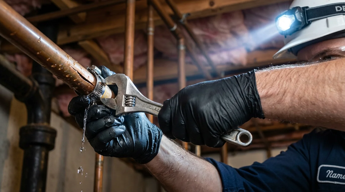 Emergency pipe clamp repair being performed by a Johns Plumbing LLC plumber in Sedalia