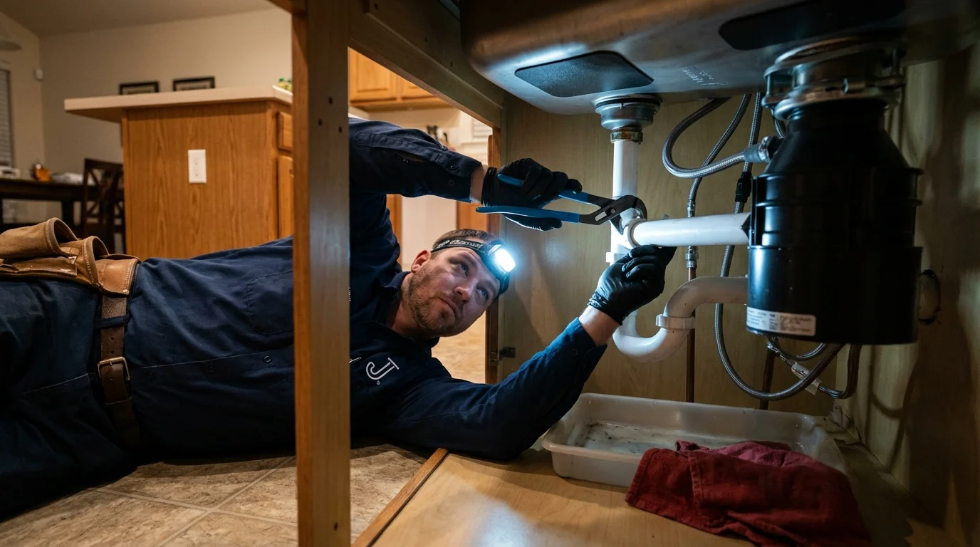 P-trap and supply line connections under a kitchen sink showing a common leak point in Sedalia, MO